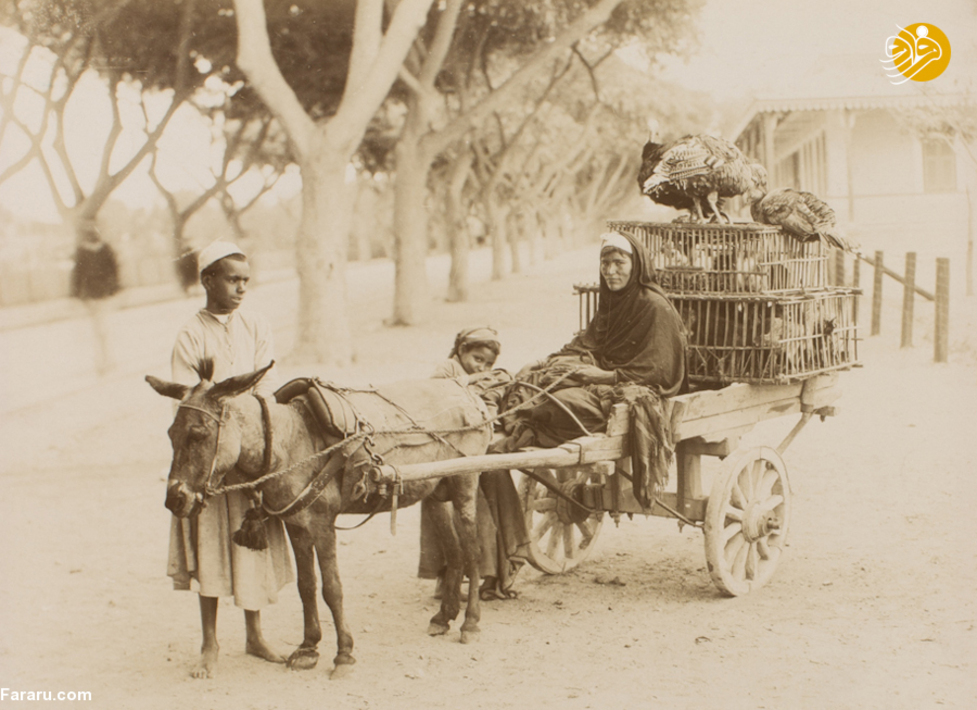 یک زن و دو کودک با گاری_ای که پرندگان را حمل می کند