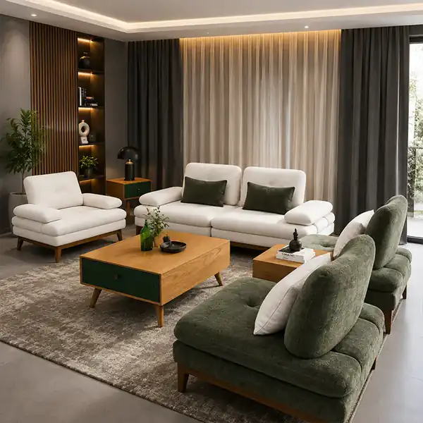 چیدن مبل جلوی پرده پذیرایی عکس