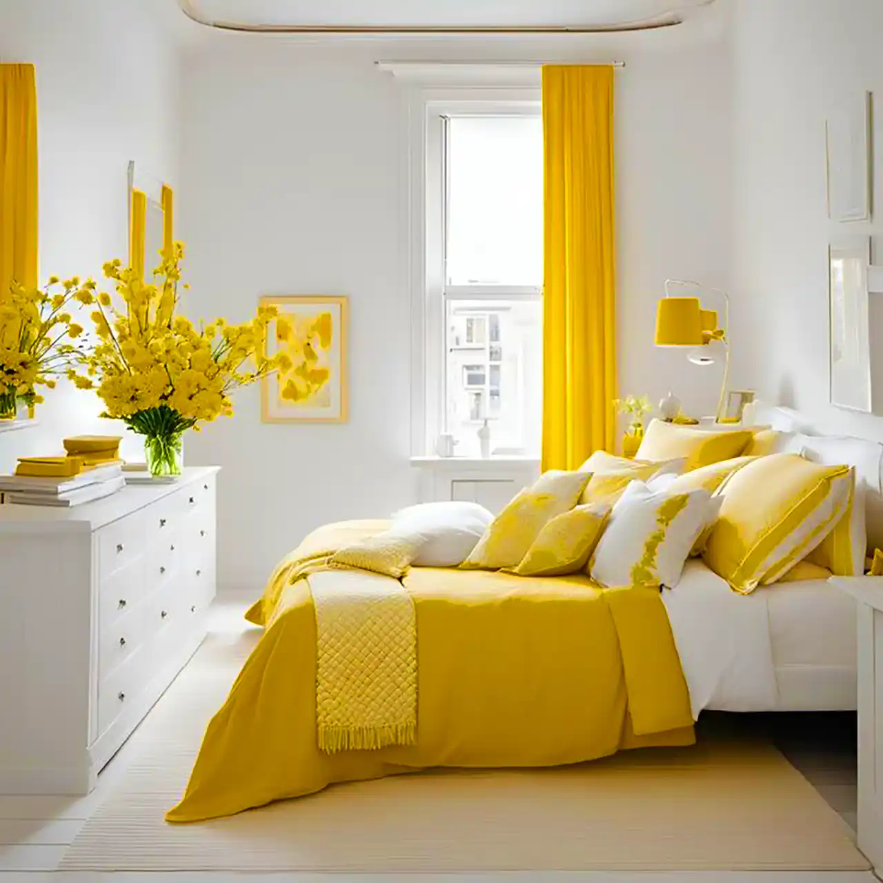چیدمان اتاق خواب با تم سفید و زرد