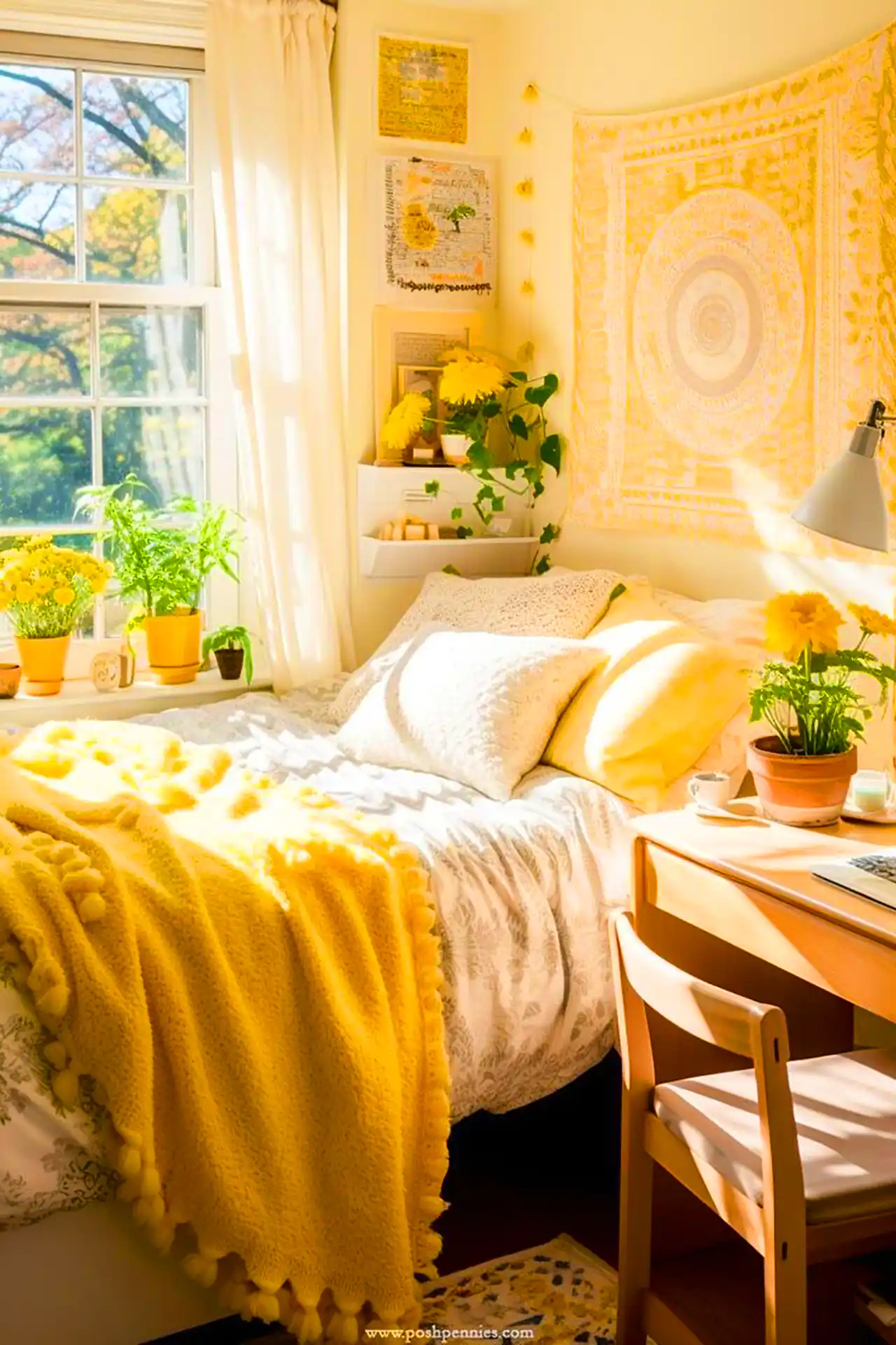 چیدمان اتاق خواب با تم سفید و زرد