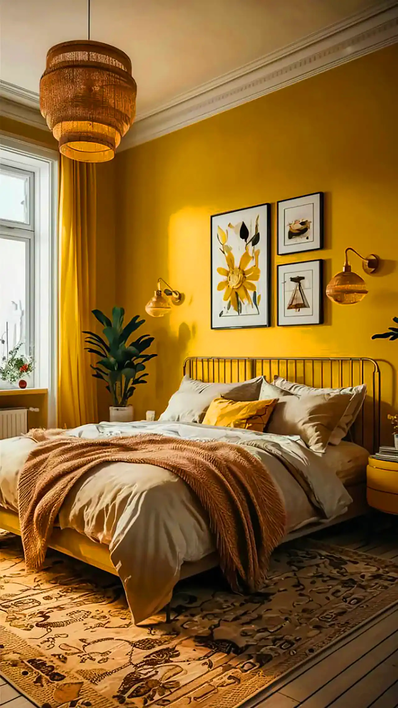 چیدمان اتاق خواب با تم سفید و زرد