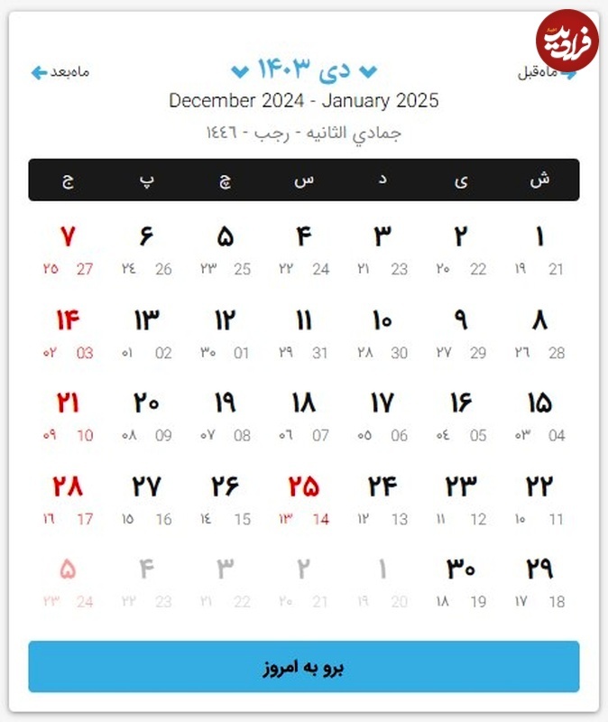 تقویم ماه دی سال ۱۴۰۳
