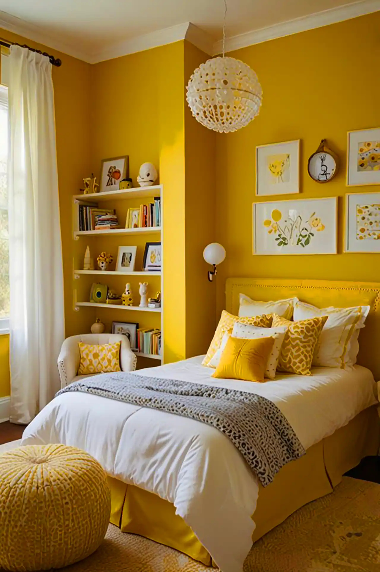 چیدمان اتاق خواب با تم سفید و زرد