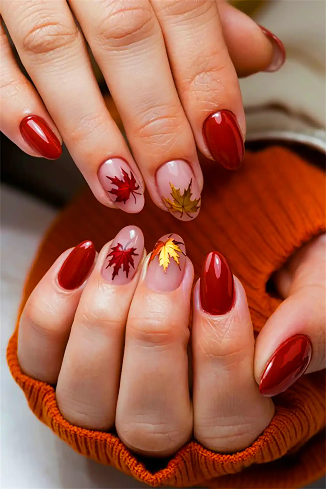 طراحی برگ پاییزی روی ناخن