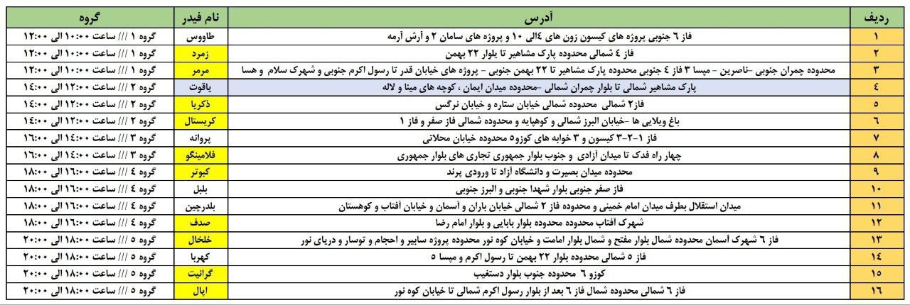  برنامه خاموشی روز شنبه دهم شهریور ماه در پرند