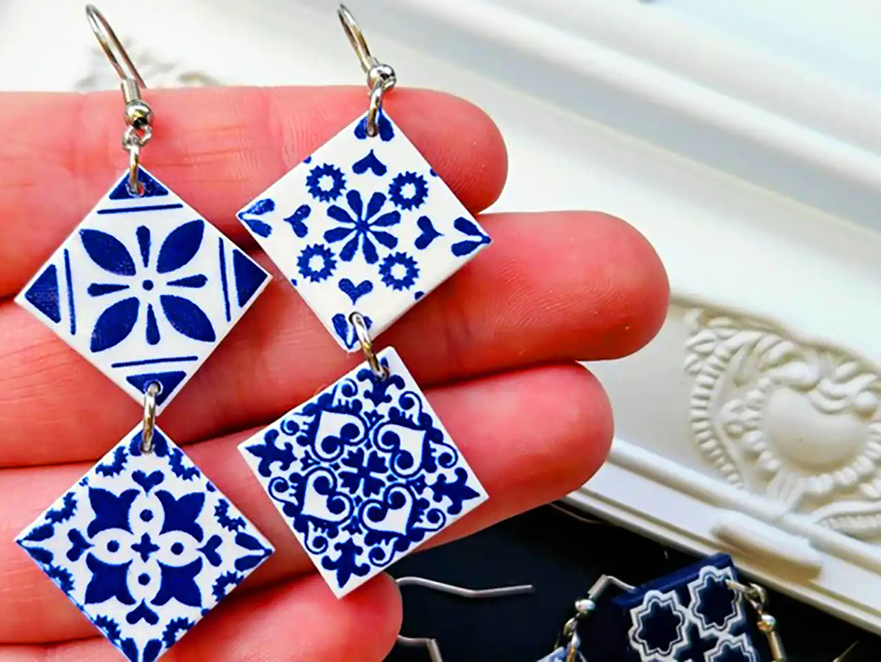 گوشواره سفالی گل آبی 