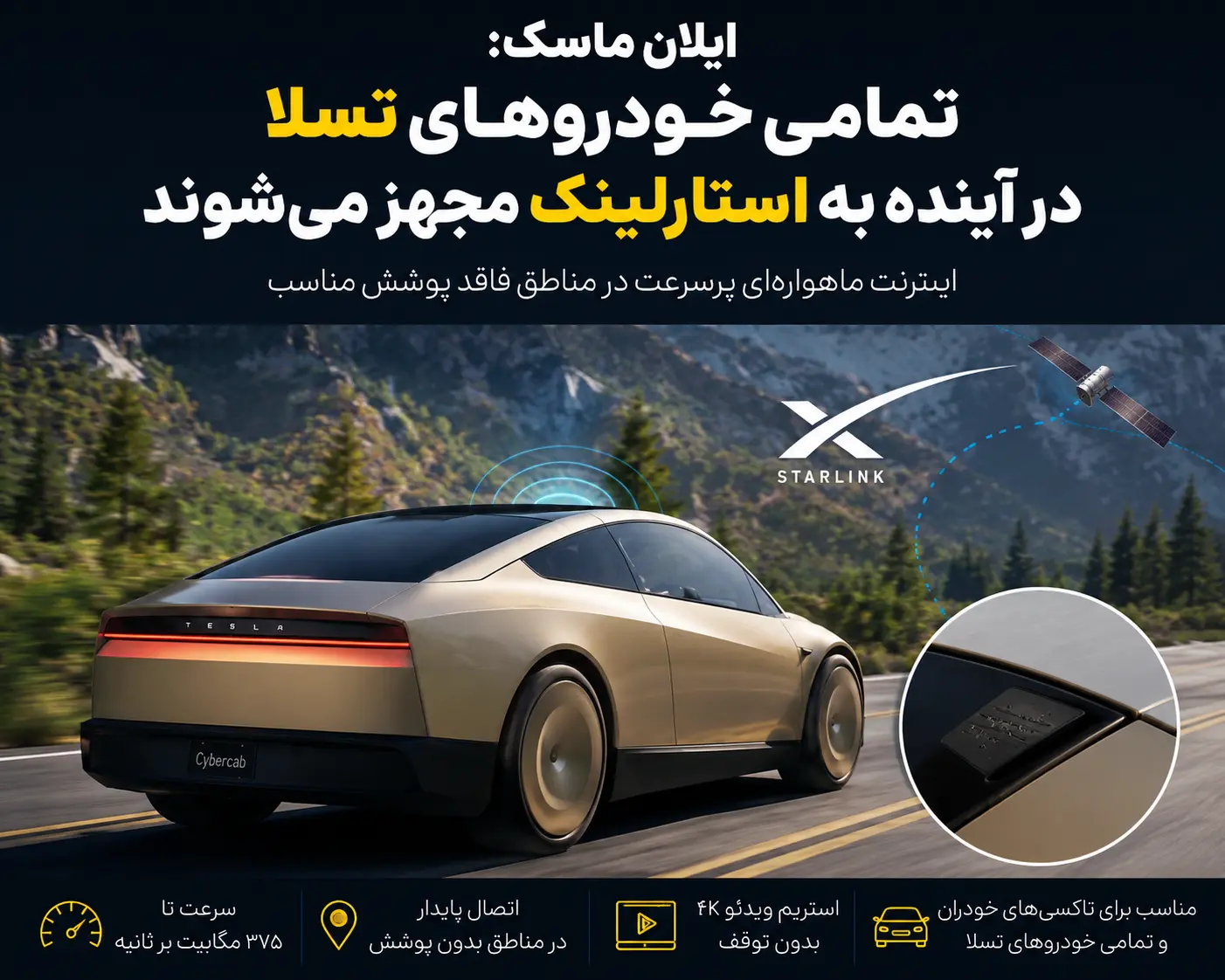 خودروهای تسلا در آینده به اینترنت ماهواره‌ ای استارلینک مجهز می‌ شوند