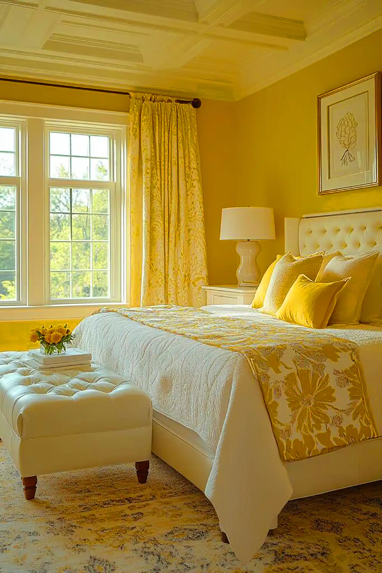 چیدمان اتاق خواب با تم سفید و زرد