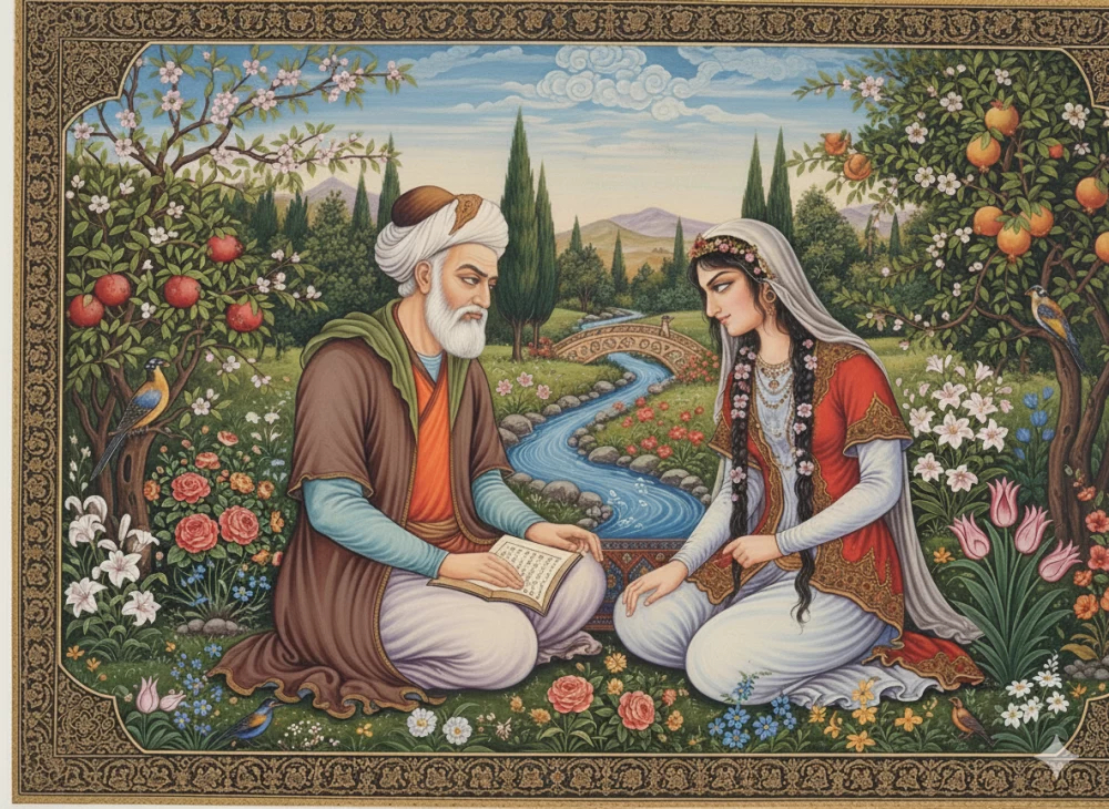طرحی نمادین از حافظ و ترک شیرازی در باغ