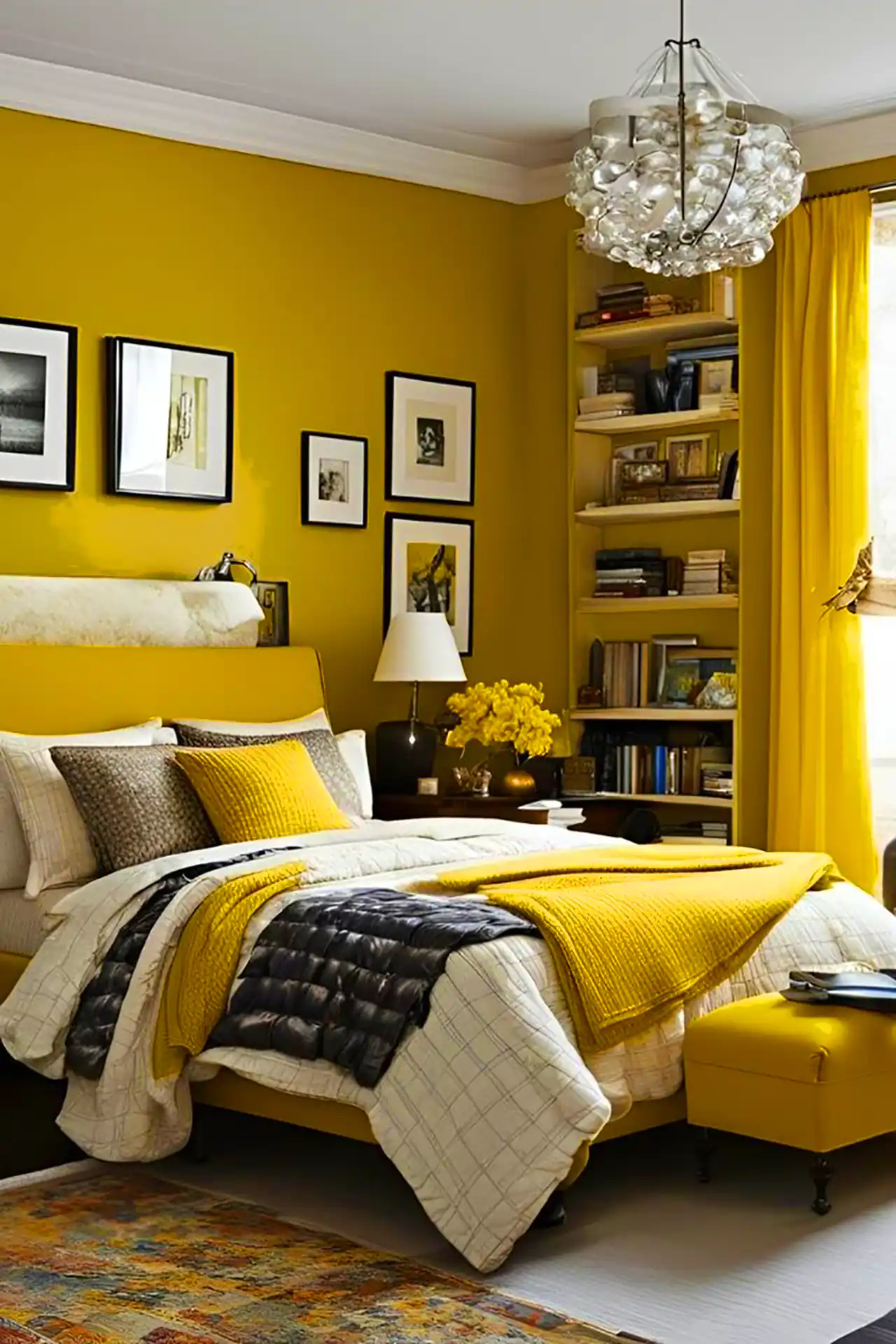 چیدمان اتاق خواب با تم سفید و زرد