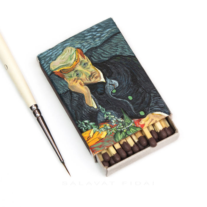  نقاشی مینیاتوری آثار ون گوگ روی قوطی کبریت