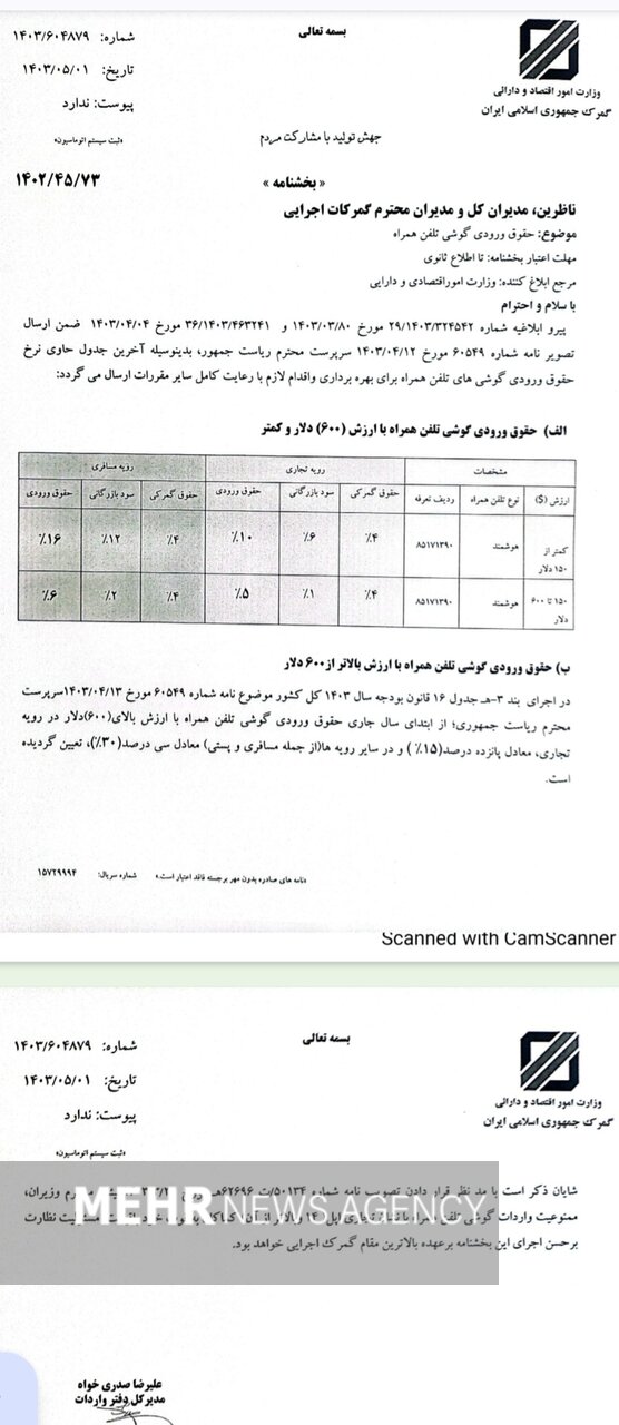 تعرفه واردات موبایل 1