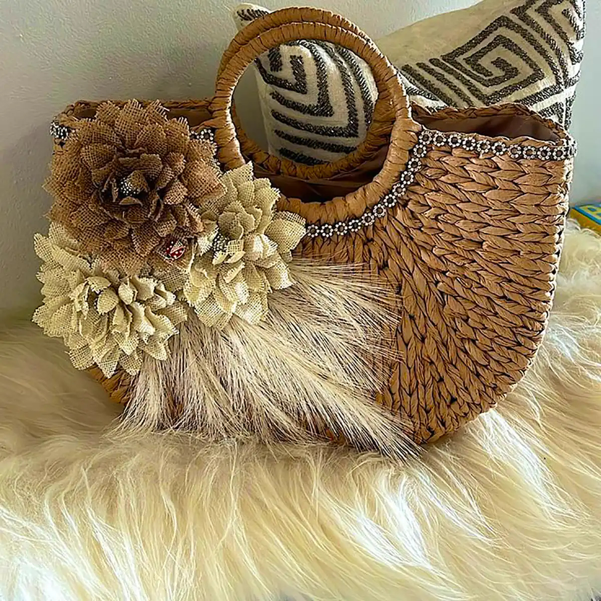کیف ساحلی حصیری گل برجسته