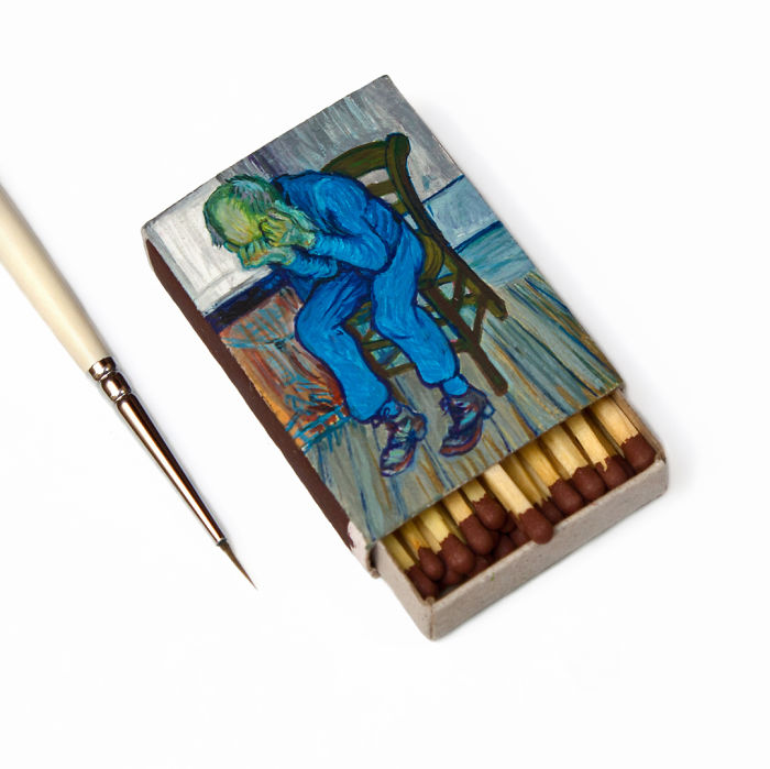  نقاشی مینیاتوری آثار ون گوگ روی قوطی کبریت