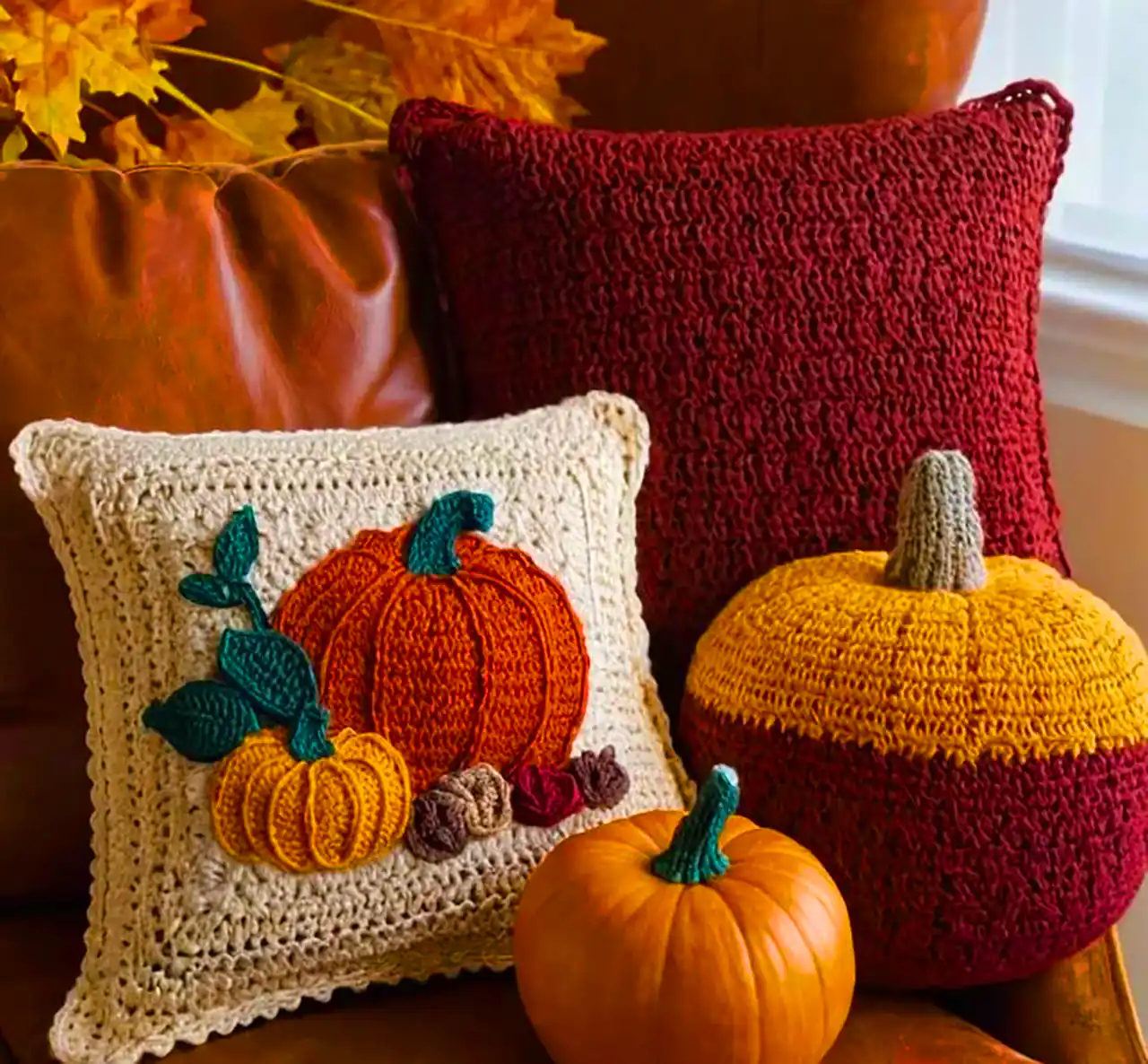 کوسن بافتنی طرح کدو تنبل