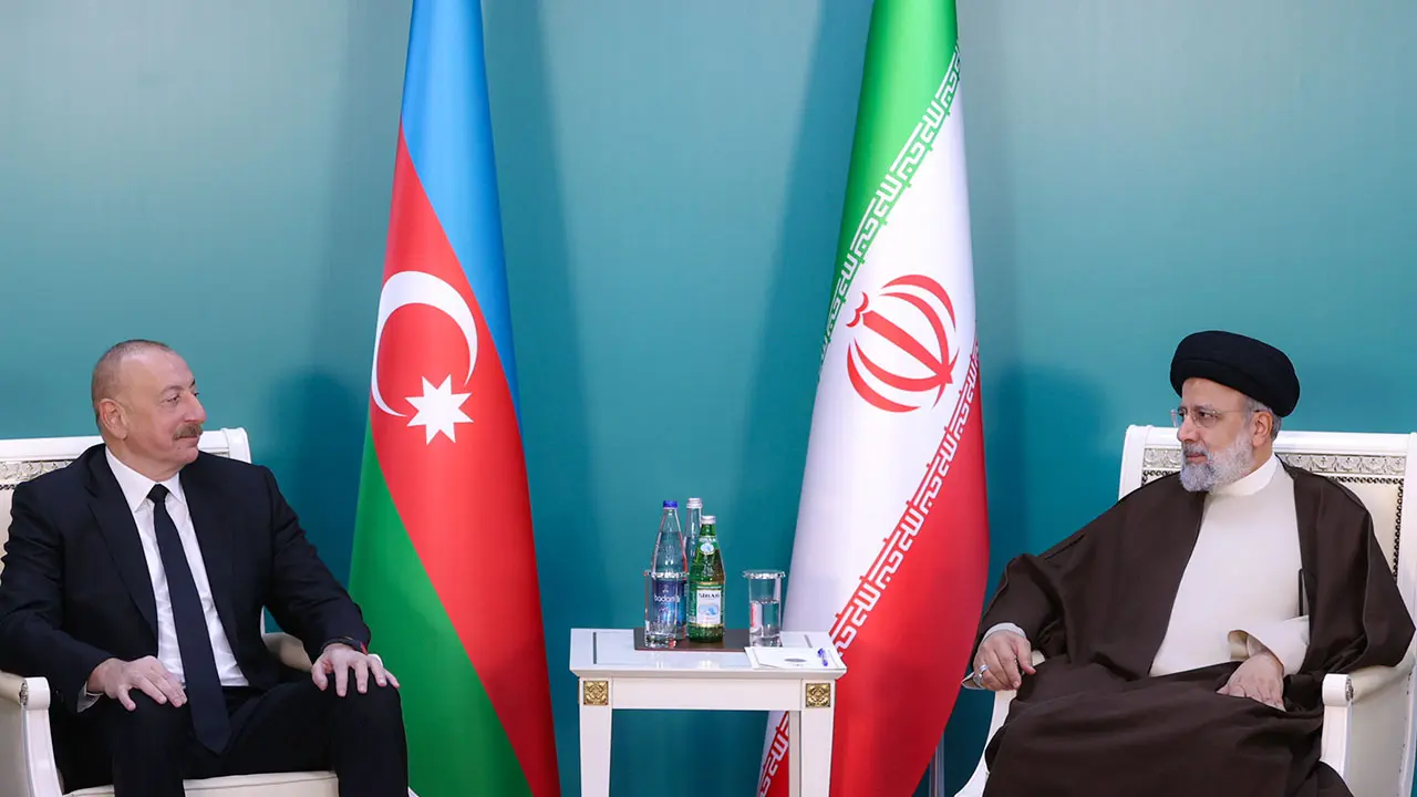 رئیسی و الهام علی اف در مراسم افتتاح دو طرح سد قیز قلعه‌سی و توسعه سد خداآفرین