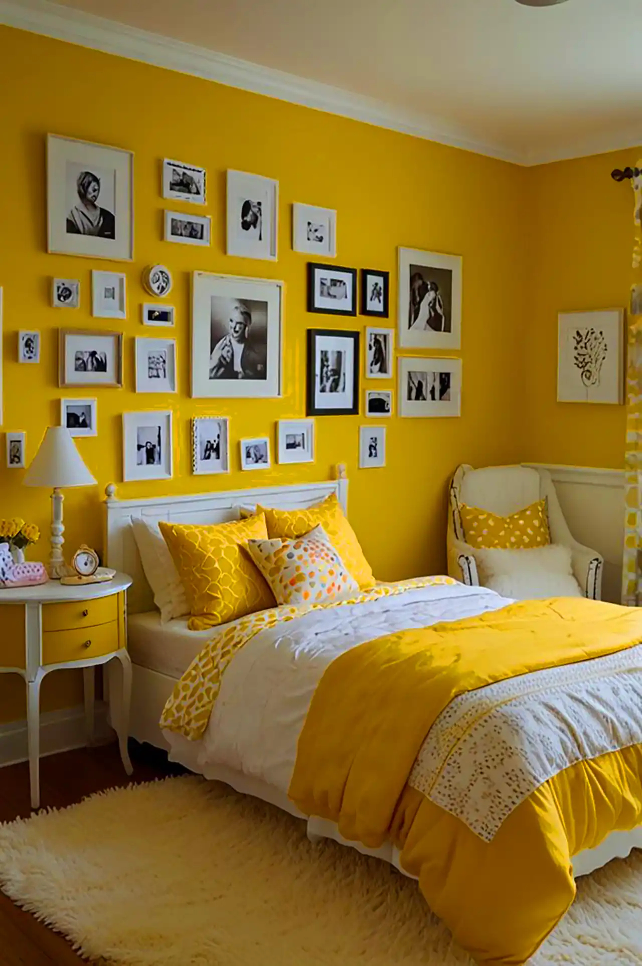 چیدمان اتاق خواب با تم سفید و زرد