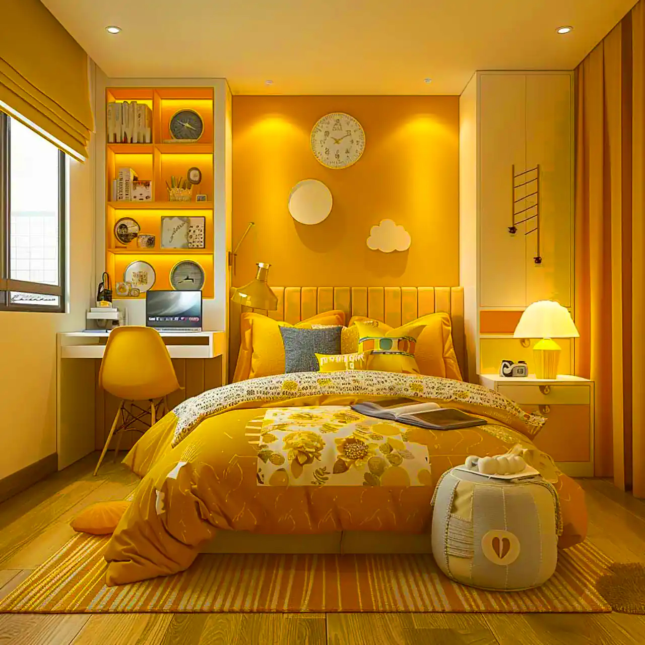 چیدمان اتاق خواب با تم سفید و زرد