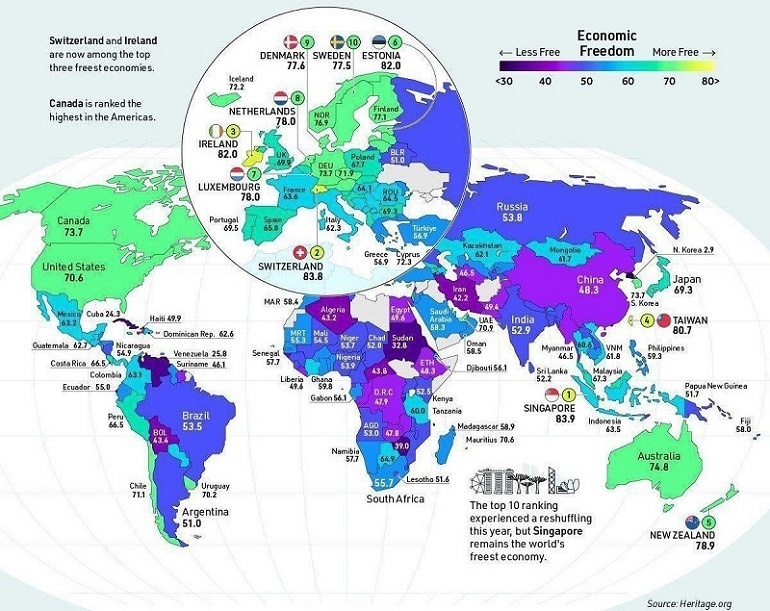 نقشه آزادترین اقتصادهای جهان