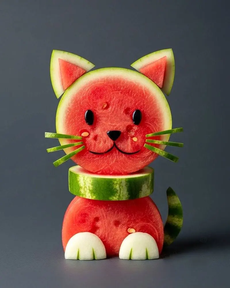 تصویری از مجسمه‌های خلاقانه ساخته‌شده با میوه، شامل حیواناتی مانند سگ سیبی، گربه هندوانه‌ای و حلزون میوه‌ای که با برش‌های دقیق و ترکیب رنگ‌های طبیعی میوه‌ها طراحی شده‌اند؛ مناسب برای معرفی هنر میوه‌آرایی و ترندهای خلاقانه در شبکه‌های اجتماعی.