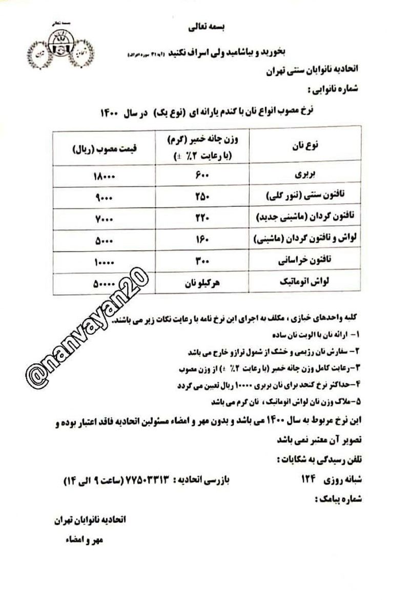 نان گران شد جدول قیمت