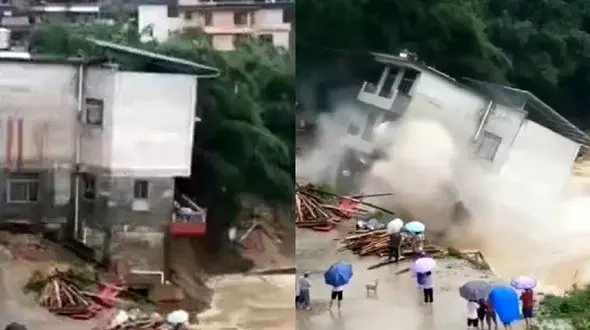 تخریب خانه سه طبقه پس از وقوع سیل و رانش زمین + فیلم
