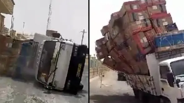 فیلم لحظه چپ شدن یک کامیون  بر اثر وزش باد شدید در هندیجان + عکس