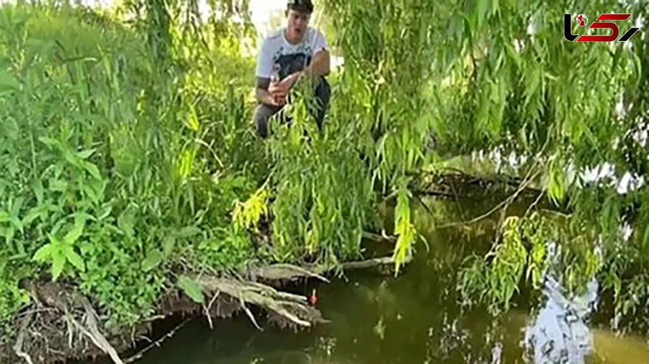 فیلم لحظه پرتاب ماهیگیر توسط ماهی بزرگ به دریاچه