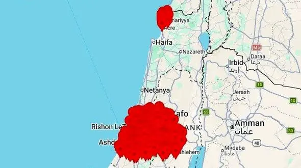  تل‌آویو زیر علامت‌های پرتعداد موشک‌باران در نقشه سامانه‌ هشدار اشغالگران گم شد!

