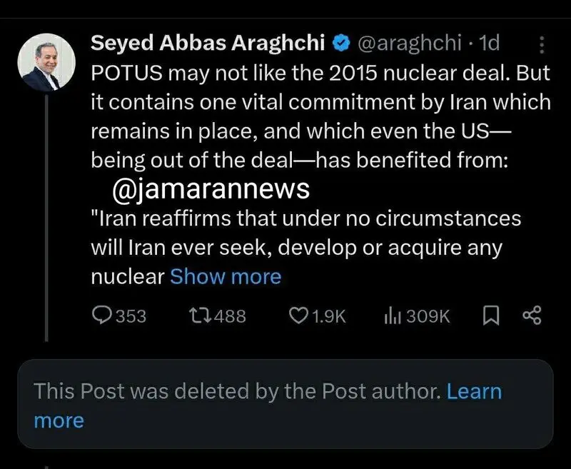 واکنش ویتکاف، نماینده ویژه ترامپ، به توییت عراقچی درمورد کارایی تعامل دیپلماتیک با آمریکا: عالی! / ویتکاف ساعتی بعد توییت خود را حذف کرد