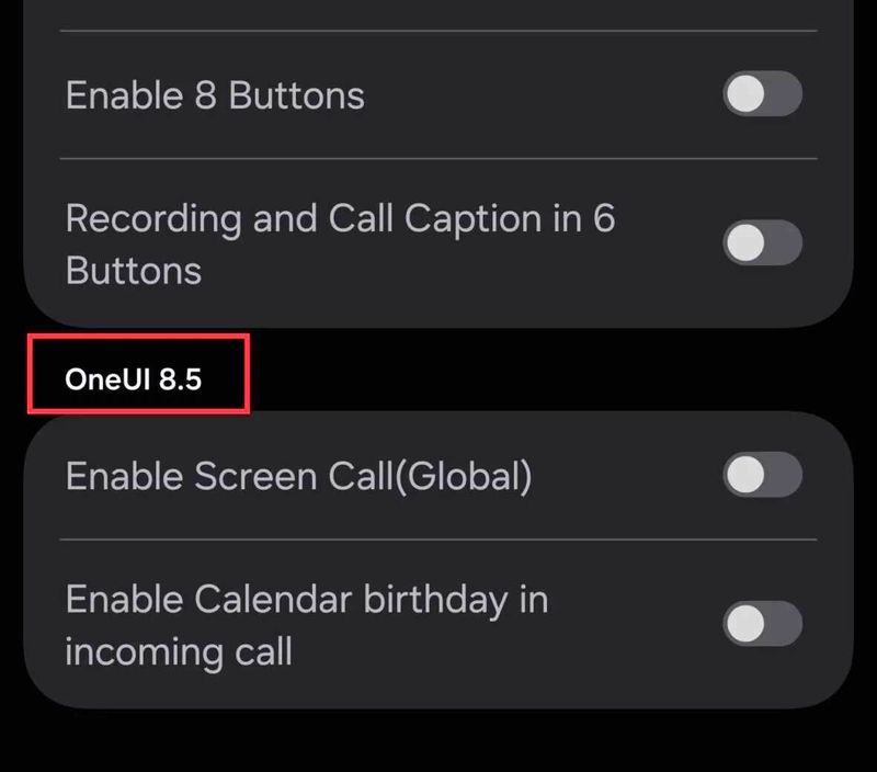 نسخه One UI 8.5 در منوی مخفی اپلیکیشن تلفن سامسونگ