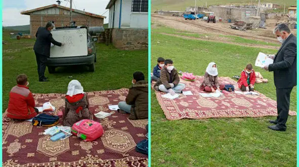 کلاس درس معلم دلسوز برای بچه‌های روستا / این دانش آموزان اینترنت ندارند+ عکس