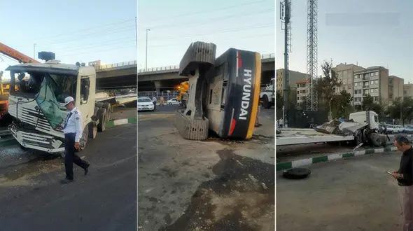 واژگونی تریلر حامل بیل مکانیکی در تهرانپارس + عکس
