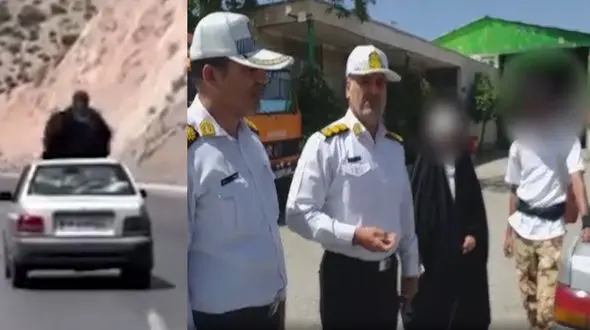 فیلم جنجالی زن چادری روی سقف پراید وسط جاده ! / بعد از توقیف توسط پلیس راهور : داشتم بدلکاری تمرین می کردم !