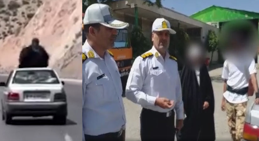 فیلم جنجالی زن چادری روی سقف پراید وسط جاده ! / بعد از توقیف توسط پلیس راهور : داشتم بدلکاری تمرین می کردم !