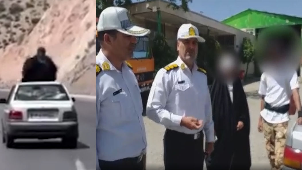 فیلم جنجالی زن چادری روی سقف پراید وسط جاده ! / بعد از توقیف توسط پلیس راهور : داشتم بدلکاری تمرین می کردم !