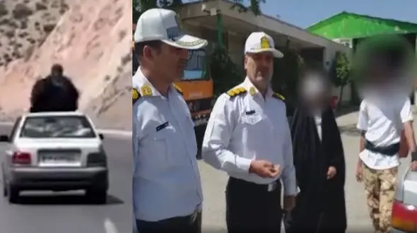 فیلم جنجالی زن چادری روی سقف پراید وسط جاده ! / بعد از توقیف توسط پلیس راهور : داشتم بدلکاری تمرین می کردم !