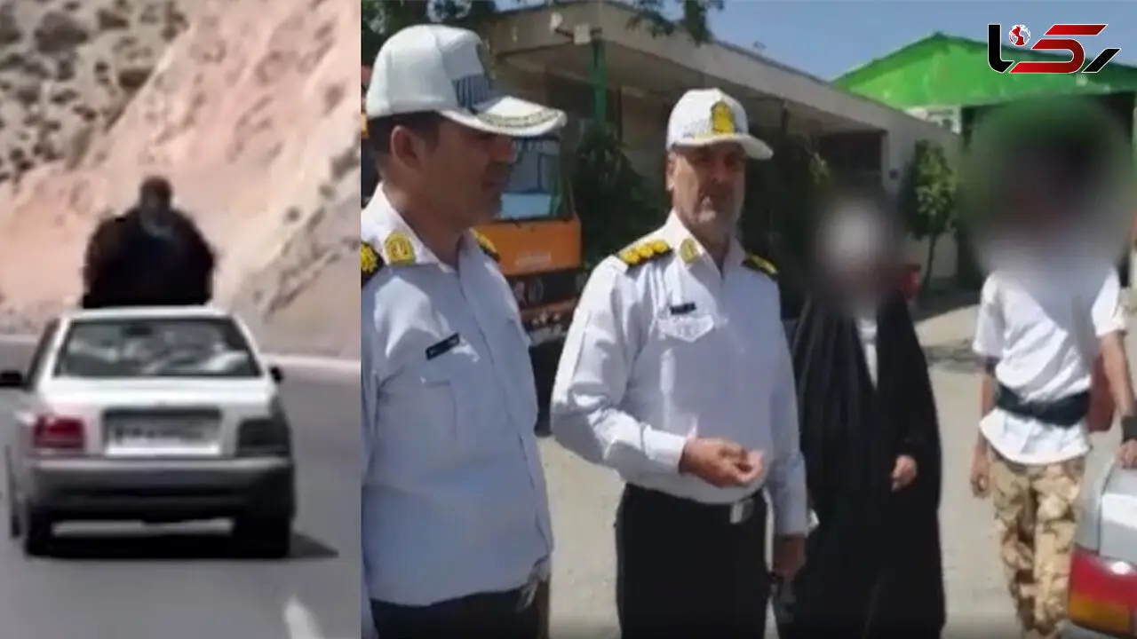 فیلم جنجالی زن چادری روی سقف پراید وسط جاده ! / بعد از توقیف توسط پلیس راهور : داشتم بدلکاری تمرین می کردم !