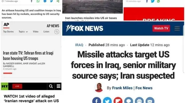 عکسی از پوشش خبری گسترده رسانه های جهان از حمله موشکی سپاه به پایگاه عین الاسد