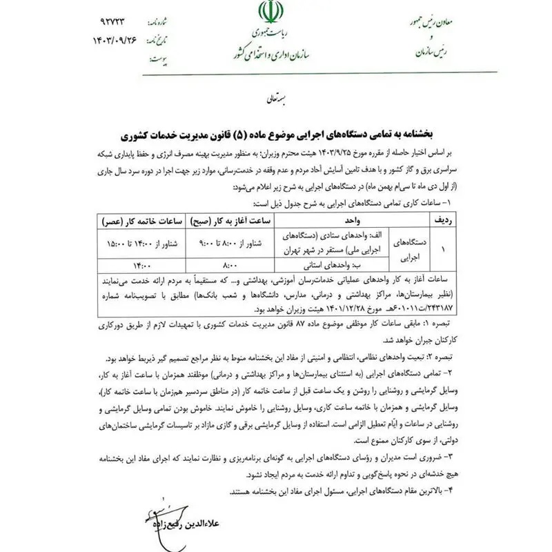 بخشنامه ساعت کاری