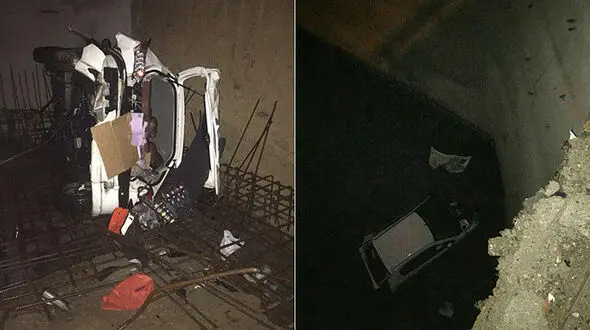 سقوط ۱۲ متری خودرو ۲۰۶ داخل گودبرداری یک ساختمان در ولنجک + عکس