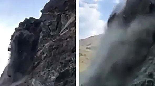 ریزش سنگ کوه در مقابل چشمان راننده زن + فیلم