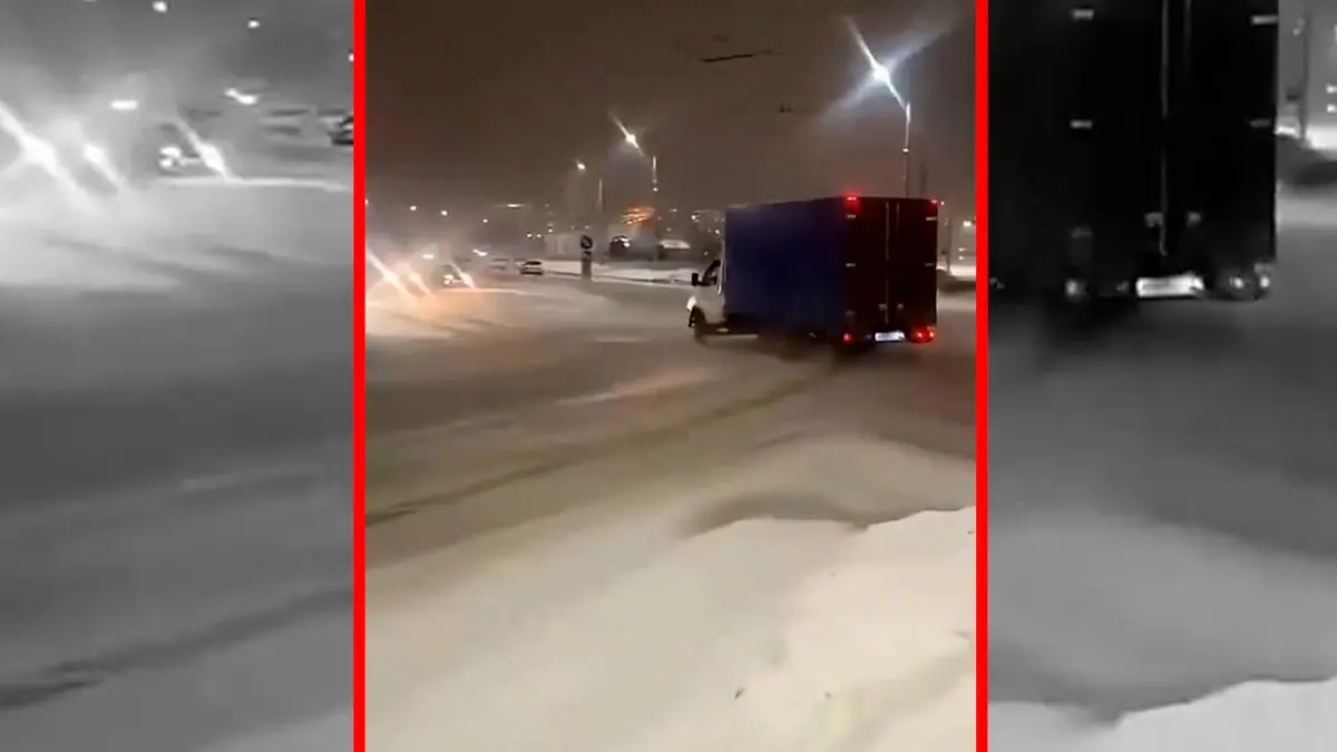 فیلم دریفت خطرناک کامیون در خیابان برفی