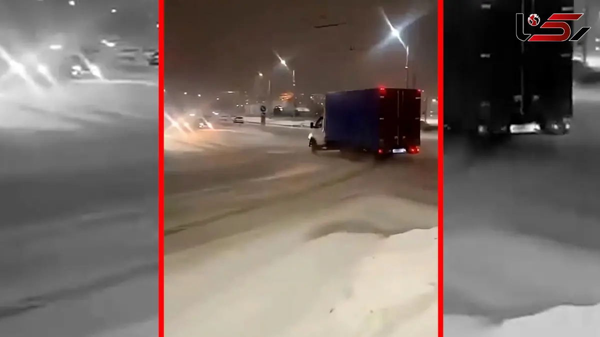 فیلم دریفت خطرناک کامیون در خیابان برفی