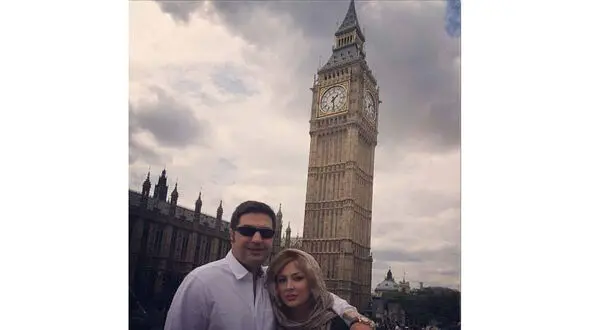 تصویر جدید نیوشا ضیغمی و همسرش زیر ساعت معروف شهر لندن +عکس