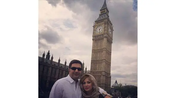 تصویر جدید نیوشا ضیغمی و همسرش زیر ساعت معروف شهر لندن +عکس