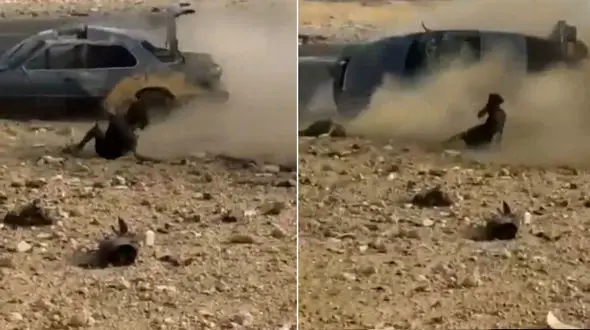  راننده‌ی ماجراجو از ماشین به بیرون پرتاب شد! + فیلم