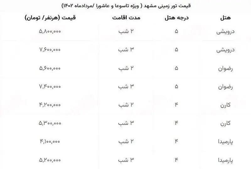 قیمت تور زمینی مشهد
