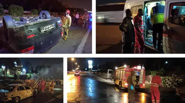 واژگونی پیکان و رانا در آتش سوزی سمند در بزرگراه کرج + عکس