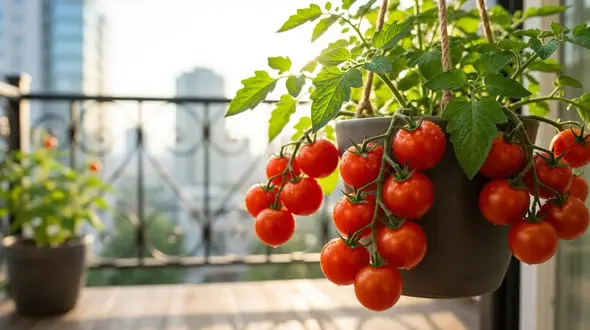 کاشت گوجه چری در گلدان آویز؛ راهی ساده برای داشتن باغچه پربار در بالکن + مزایا